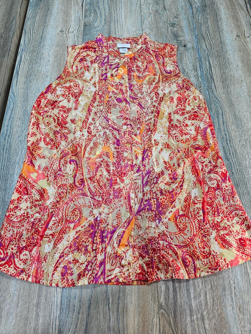 Jaclyn Smith Womens Medium Paisley Sleeveless Button Up Blouse Orange Pink